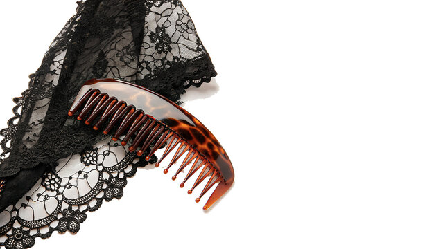 Vintage dark brown tortoise shell hair comb lace lingerie beauty accessory isolated on transparent background