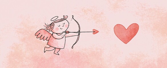 Fototapeta premium Cherub with heart-tipped arrow in pastel tones, romantic illustration ideal for Valentine’s cards and celebrations.