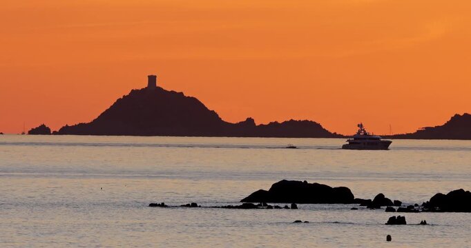 The Sanguinaires archipelago at sunset,  the Ajaccio gulf, Corse du Sud department, Corsica, France.