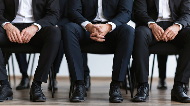 Several businessmen in dark suits sit closely together, waiting with folded hands in a formal office setting.