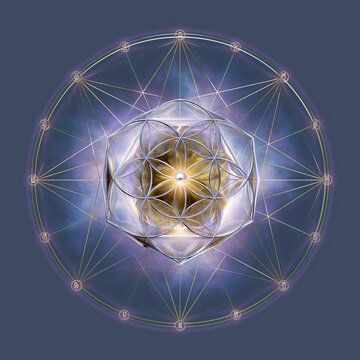 Intricate sacred geometry featuring a glowing crystal dodecahedron with a Flower of Life pattern, surrounded by a cosmic mandala of interconnected circles and lines.
