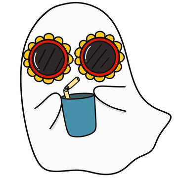 Halloween Cute Ghost Wearing Flower Sunglasses Drinking from Cup Illustration