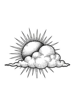 Stylized sun shines behind a fluffy cloud in an etched illustration style.