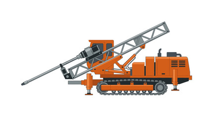 Obraz premium A large orange drilling rig with a long metal drill arm on tracks, set against a plain white background.