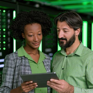 Inside a high-tech server room illuminated by green neon lights, two experts review data on a tablet.