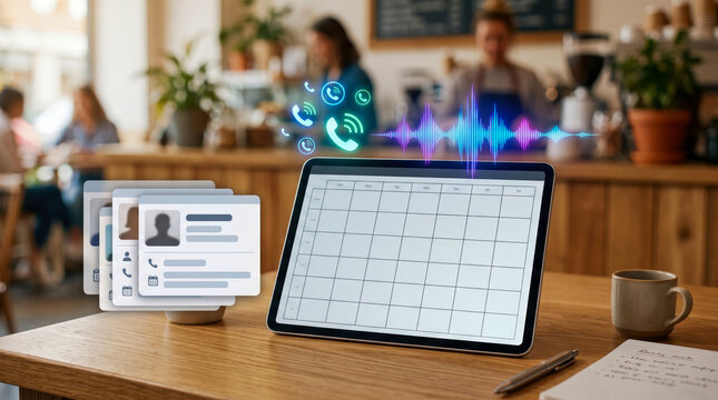 Digital scheduling and contact management system with voice command interface displayed on tablet, set against blurred cafe background, signifying modern business organization and communication soluti