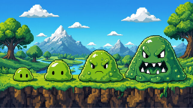 Pixel Art Green Slime Monster Enemy Evolution Sprite Set