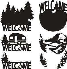 Creative welcome signs featuring camping and nature elements for outdoor travel and camping themes © Mahmud