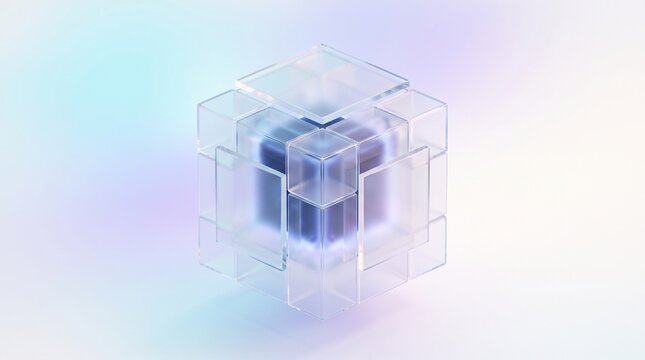 Futuristic 3D transparent glass cube with dark core on pastel gradient background for technology and data storage visualization.