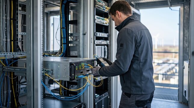 Male technician servicing server rack equipment with diagnostic tools in data center, IT infrastructure maintenance and network cable management, cloud computing and telecommuni...