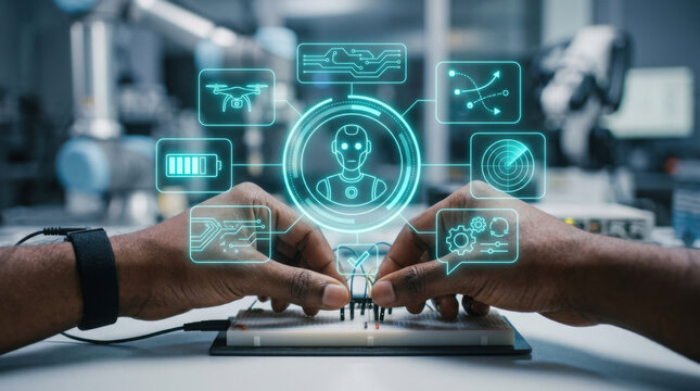 Close-up of hands working on a breadboard with futuristic AI holographic HUD overlay