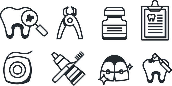 Dental and orthodontic treatment icons set featuring tools and procedures isolated on transparent background