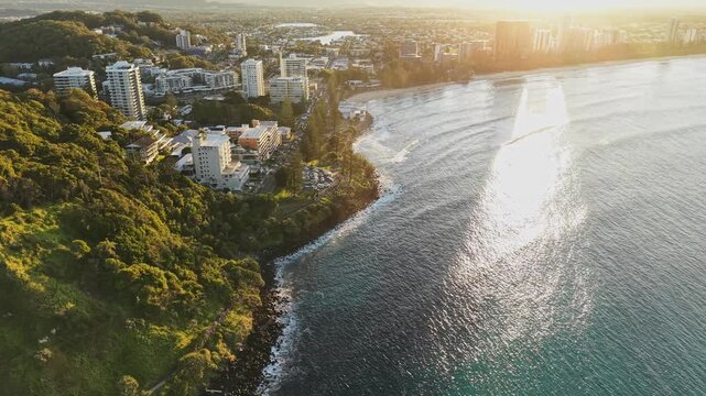 Pan right above Burleigh Heads on the Gold Coast, Queensland 