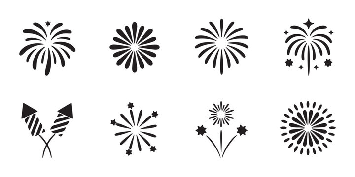 Assorted black fireworks icons in different shapes and sizes for celebration.