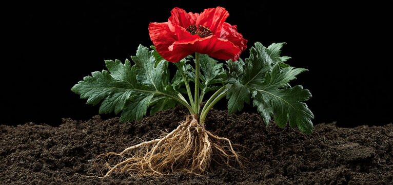 A fully developed red poppy plant with exposed roots arranged against rich soil, highlighting its anatomical structure.