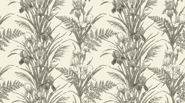 Vintage botanical fern and iris floral pattern.