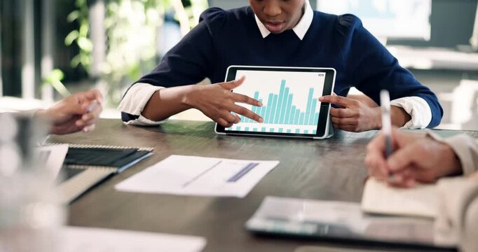 Hands, tablet screen and meeting in office with finance team, graphs or discussion in investment company. Person, group and fintech app for review, charts and report with collaboration at agency