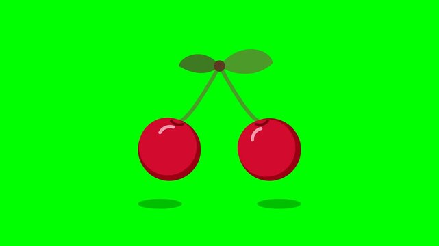 4K flat vector animation of two cute cherries swinging and bouncing on a chroma key green screen background