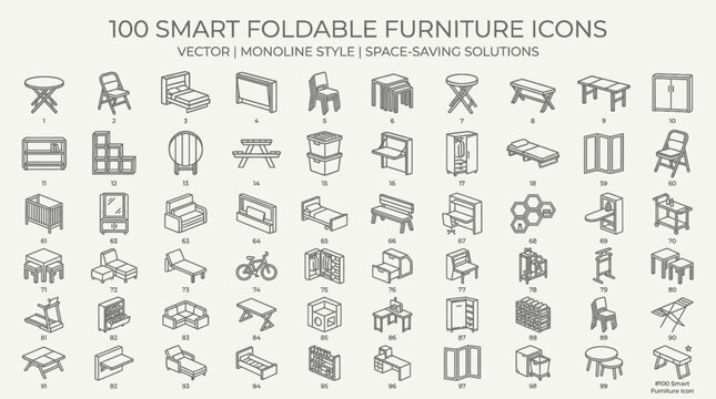 Collection of smart foldable furniture icons in monoline style for space saving solutions
