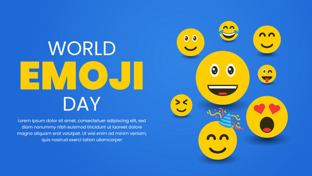 Modern World Emoji Day horizontal banner with cute emoji characters on a blue background