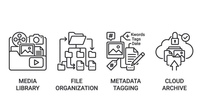 Vector icons of media library, file organization, metadata tagging, and cloud archive