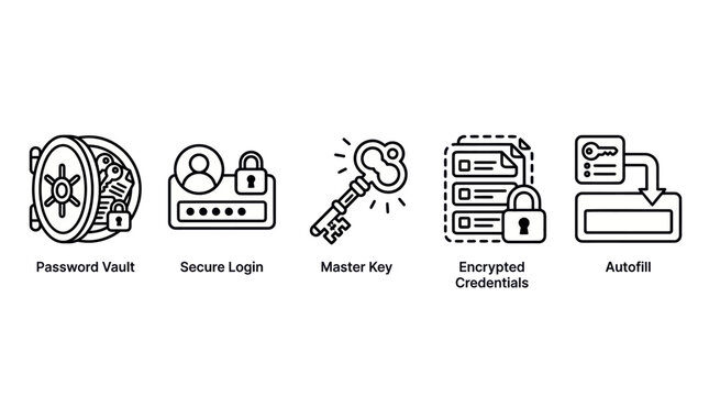 Black and white line icons of password manager concepts