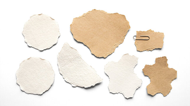 Set of torn paper pieces in various shapes including kraft brown and white textured paper with paperclip isolated on white background