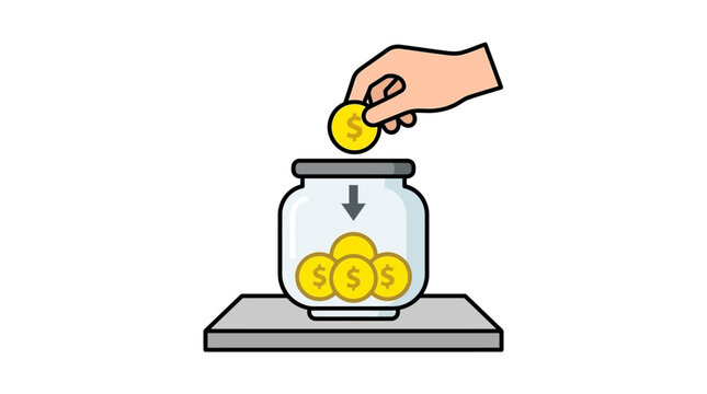 Hand putting a gold coin into a glass savings jar