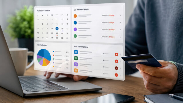 Person uses laptop and credit card to manage their finances, view payment calendar, track monthly budgets with pie chart, monitor renewal alerts, and manage subscriptions, showcasing digital personal 