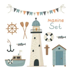 A set of hand-drawn nautical icons. Nautical design elements for summer greeting cards and nautical-themed scrapbooks in flat style. © Lana