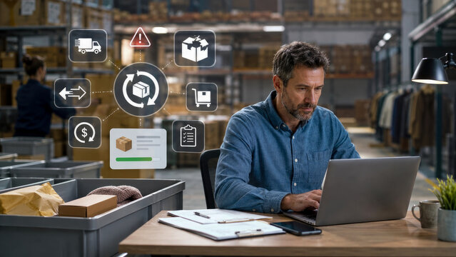 Man in warehouse actively managing inventory and supply chain operations using laptop, enhanced by augmented reality graphics displaying real-time logistics data, package tracking, and return processi