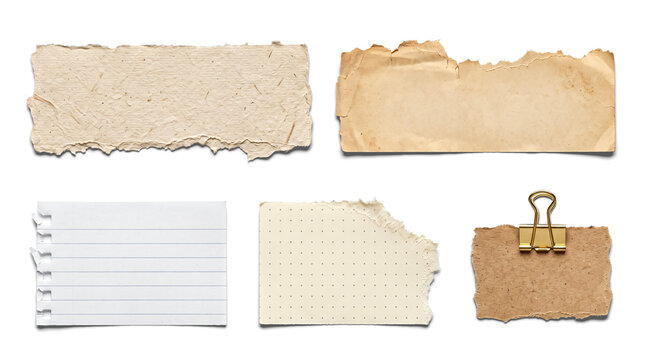 Set of torn paper textures including vintage parchment, lined notebook, dot grid, and kraft paper with gold binder clip isolated on white background