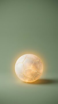 Luminous sphere with warm golden light and delicate wire pattern inside, glowing against soft sage green background for modern design and lighting concepts.