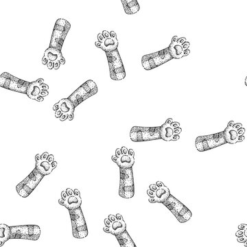 seamless pattern scratch cat paw hand drawn. retractable soft, fur toe, beans print scratch cat paw black sketch illustration