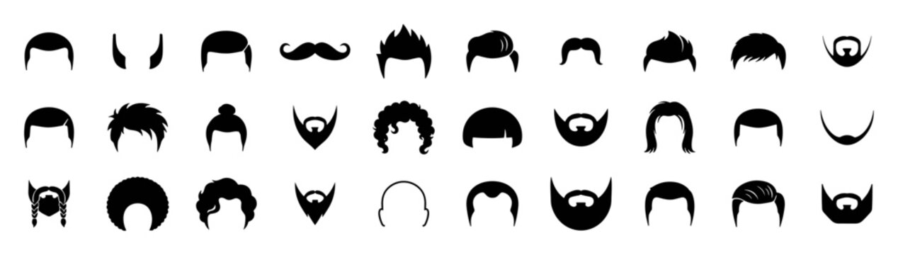 Collection of black silhouette men's hairstyles and beard styles icons in various shapes and designs on transparent background