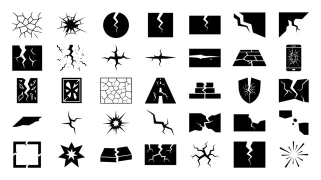 Set of black cracked and broken surface icons including wall, glass, phone, shield and ground cracks on transparent background