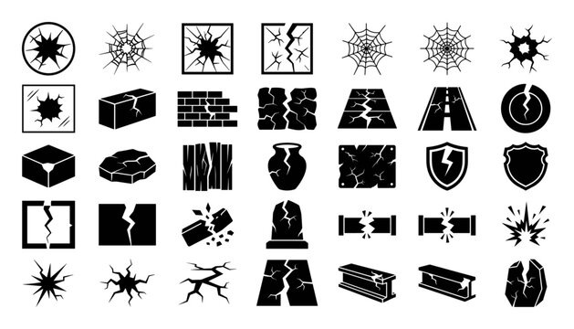 Set of isolated black cracked and broken icons including glass, wall, road, spiderweb, vase, pipe, shield, and surface damage symbols on transparent background