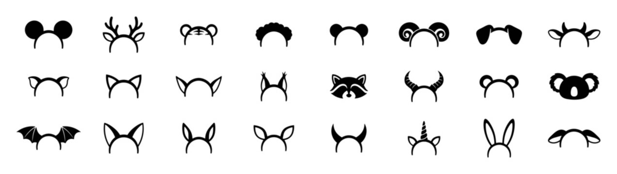 Set of black animal and creature ear headband silhouettes vector icons on transparent background