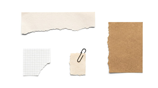 Set of torn paper textures including large kraft sheet, grid notebook paper, cream strip, and note with black paperclip isolated on white background