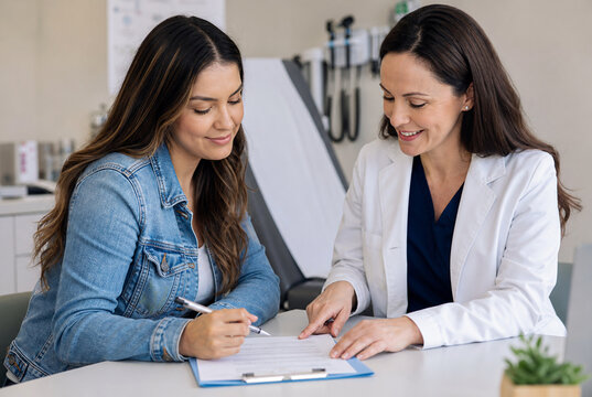 Physician reviews medical paperwork with patient before signing during healthcare consultation, highlighting informed consent, clinical communication and shared treatment decisions with copy space.