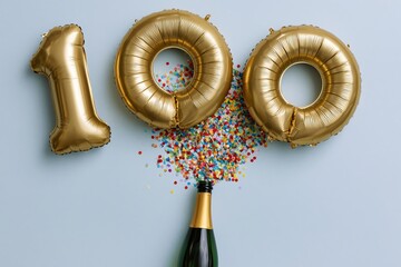 Fototapeta premium The Golden Hundred Balloons Celebration with Champagne Bottle and Confetti