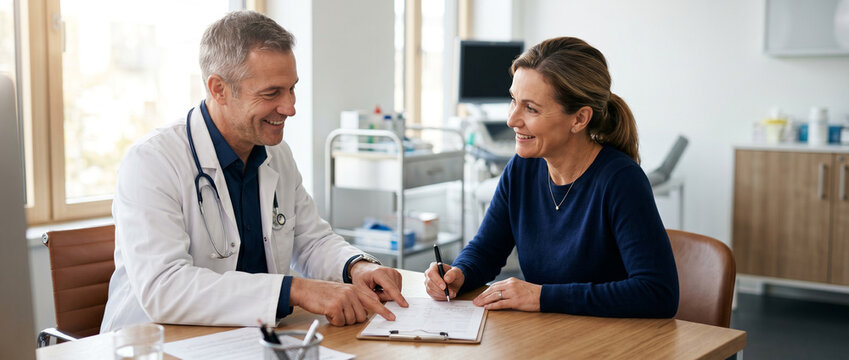 Physician reviews medical paperwork with patient before signing during healthcare consultation, highlighting informed consent, clinical communication and shared treatment decisions with copy space.