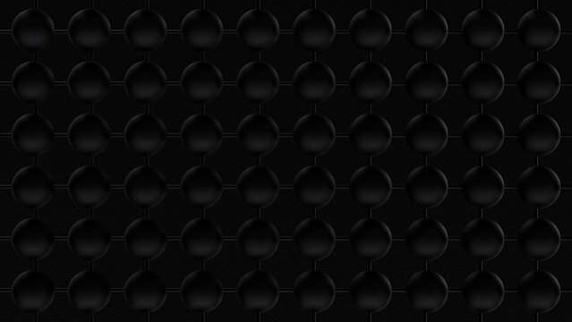 3d render. Geometric pattern featuring glossy black spheres arranged in a grid over a dark textured background. Minimalist and sleek, perfect for tech, luxury, or modern design projects.