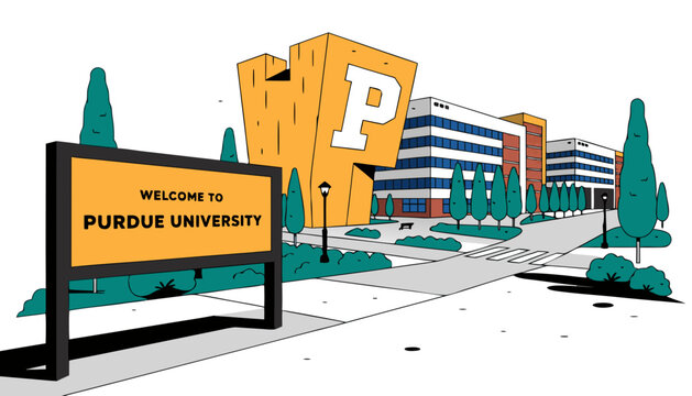Very beautiful realistic vector illustration of the Purdue University entrance featuring a bold welcome sign reading "WELCOME TO PURDUE UNIVERSITY", the iconic Unfinished Block P, engineering campus, 