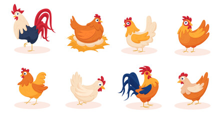 Cartoon chicken characters. Funny chickens and rooster. Isolated farm birds, agriculture animals. Home garden bird with vibrant feathers, nowaday vector set © LadadikArt