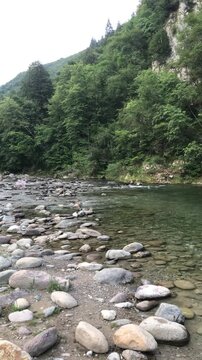 Beautiful Brembo River in Parina Valley, Italian Alps, during a Summer Late Afternoon. Camerata Cornello, Bergamo Province, Italy