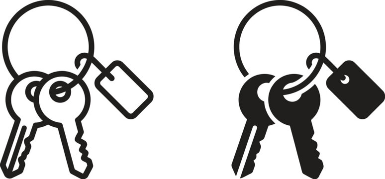 Simple black line art and solid vector icons showing two keys on a metal ring