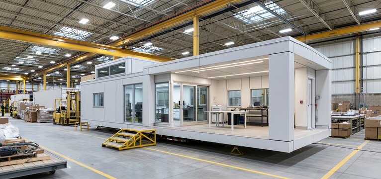 Inside a spacious industrial warehouse, a modern compact prefab home is being assembled with minimalist design and urban efficiency.
