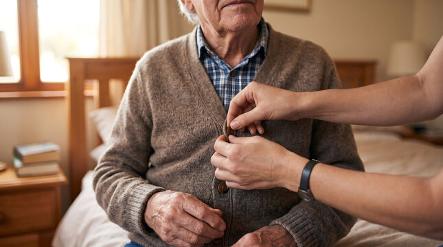 Caregiver hands buttoning cardigan sweater for elderly senior man at home care nurse assisting retired grandfather getting dressed in bedroom elder support concept