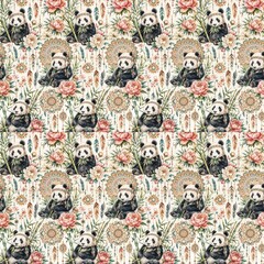 Fototapeta premium Watercolor Panda with Dreamcatchers and Wildflowers Seamless Pattern for Fabric and Wallpaper